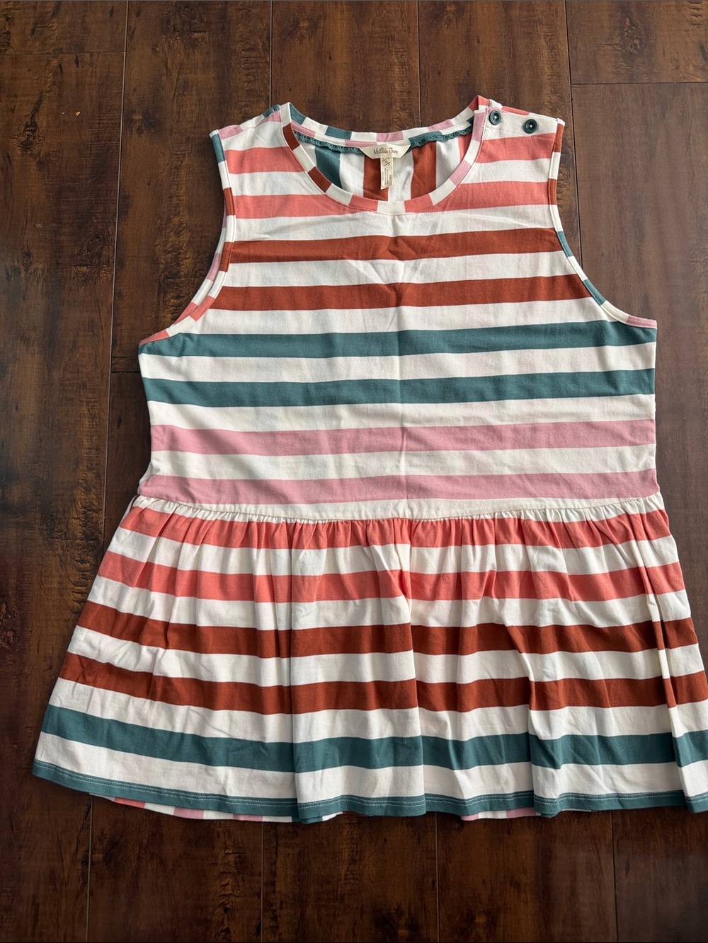 Matilda Jane Pink, Teal, Rust & Cream Striped Sleeveless Peplum Dress